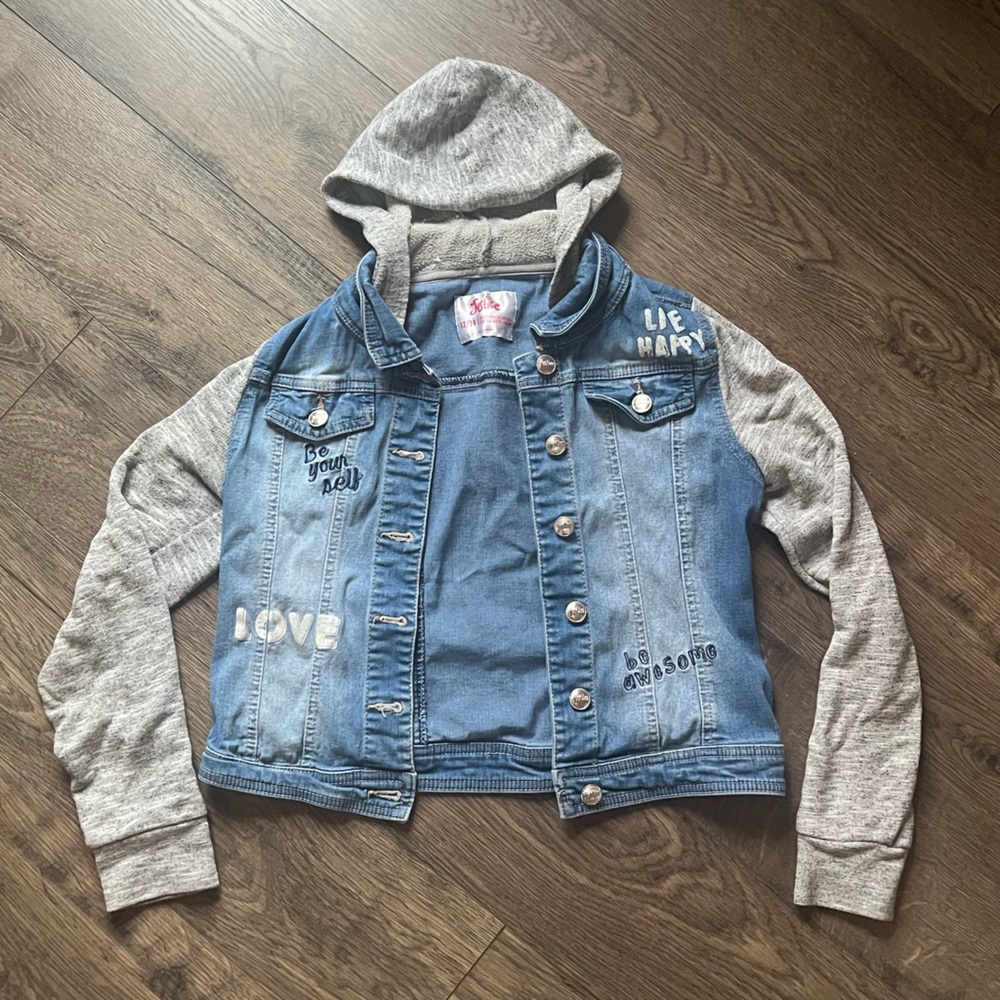 Justice Jean Jacket with grey hoodie and sleeves